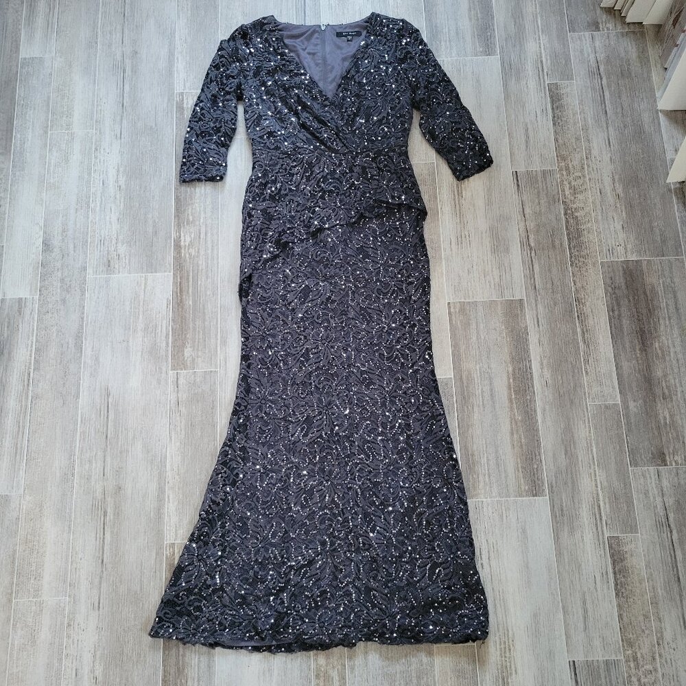 Blu Sage Slate Black Formal Sequins Dress, Sz 4, V-Neck, Lace ¾ Sleeve, EUC